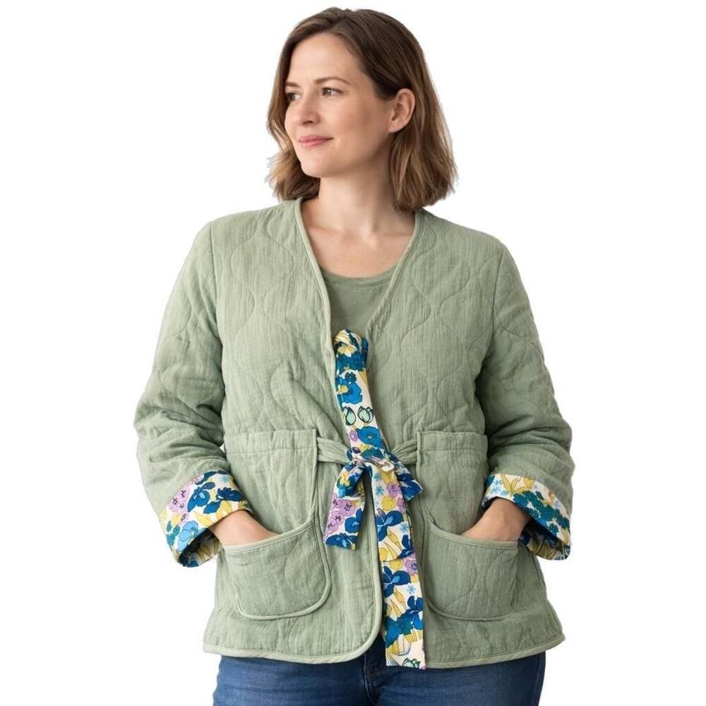 LA BAIESO Quilted Sage Green Front Tie Midi Vest Medium